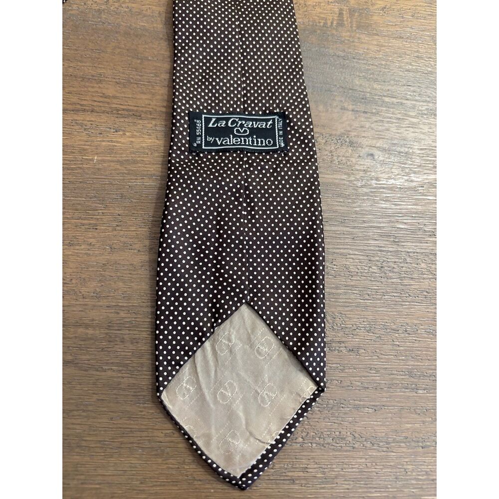 Vintage Valentino La Cravat Silk Tie Chocolate Brown White Polka Dot RN 55468 - Picture 2 of 5